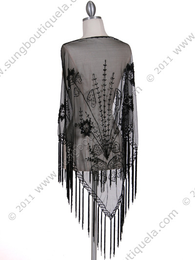 2288 Black Lace Beaded Shawl - Black, Back View Medium