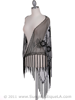 2288 Black Lace Beaded Shawl, Black