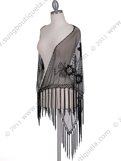2288 Black Lace Beaded Shawl - Black, Front View Medium
