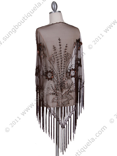 2288 Brown Lace Beaded Shawl - Brown, Back View Medium