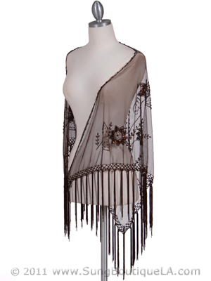 2288 Brown Lace Beaded Shawl, Brown