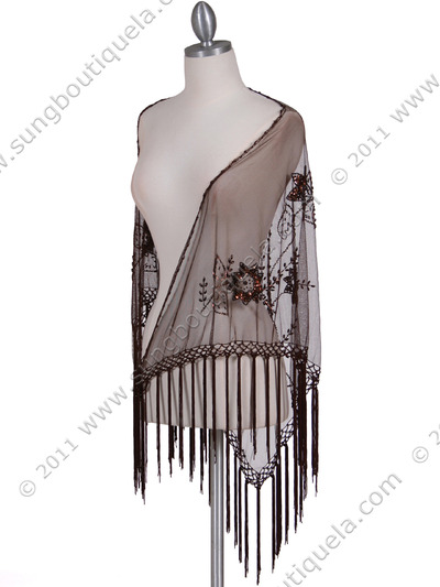 2288 Brown Lace Beaded Shawl - Brown, Front View Medium