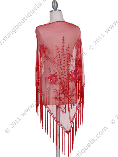 2288 Red Lace Beaded Shawl - Red, Back View Medium
