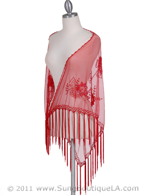 2288 Red Lace Beaded Shawl, Red