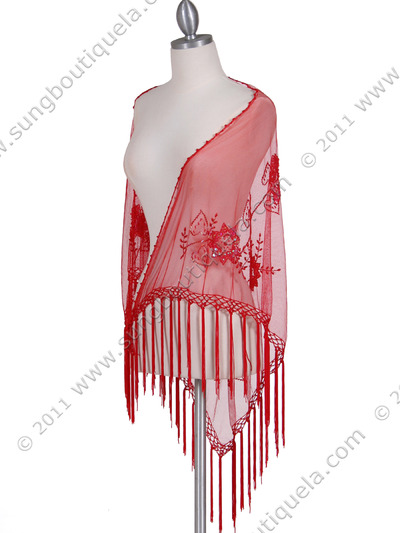2288 Red Lace Beaded Shawl - Red, Front View Medium