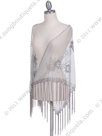 2288 Silver Lace Beaded Shawl - Silver, Front View Medium