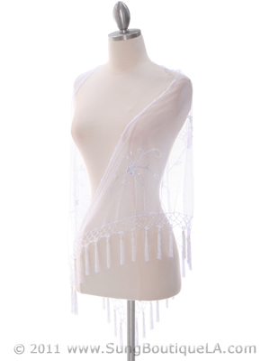 2288 White Lace Beaded Shawl, White