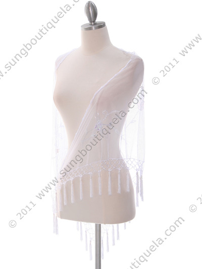 2288 White Lace Beaded Shawl - White, Front View Medium