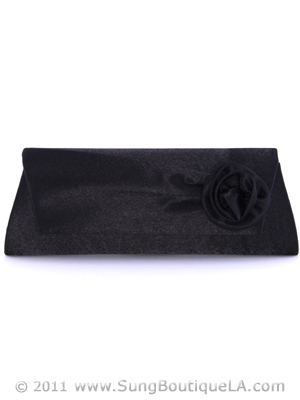 22985 Black Satin Rosette Evening Bag, Black