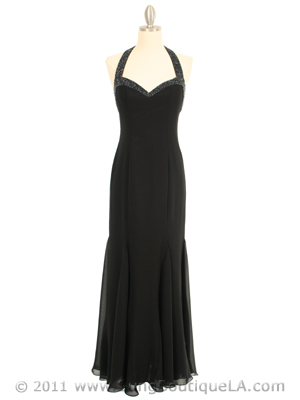 23100 Black Beaded Halter Evening Dress, Black