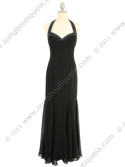 23100 Black Beaded Halter Evening Dress - Black, Front View Medium