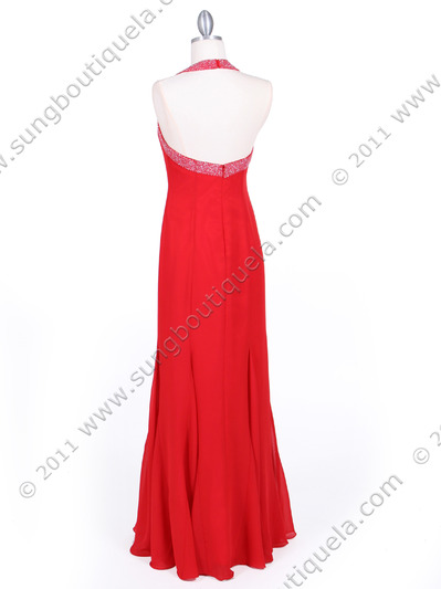 23100 Red Beaded Halter Evening Dress - Red, Back View Medium