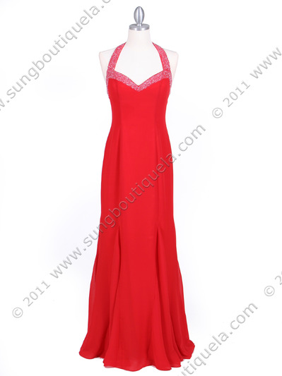 23100 Red Beaded Halter Evening Dress - Red, Front View Medium