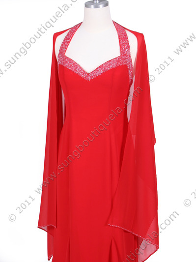 23100 Red Beaded Halter Evening Dress - Red, Alt View Medium