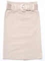 2332 Beige Mid Length Pencil Skirt with Belt - Beige, Front View Thumbnail