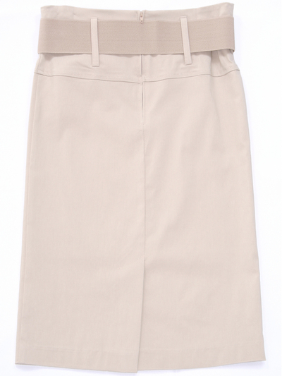 2332 Beige Mid Length Pencil Skirt with Belt - Beige, Back View Medium