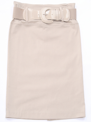2332 Beige Mid Length Pencil Skirt with Belt, Beige