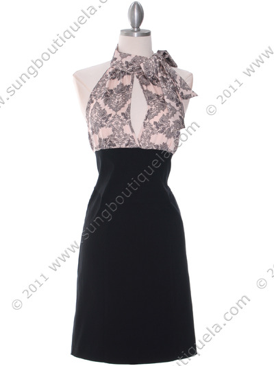 2392 Blush/Black Tie Neck Party Dress - Blush Black, Front View Medium