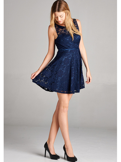25-1004 Lace Overlay Cocktail Dress - Navy, Front View Medium