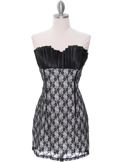 2581 Black Satin Top Lace Party Dress - Black, Front View Medium