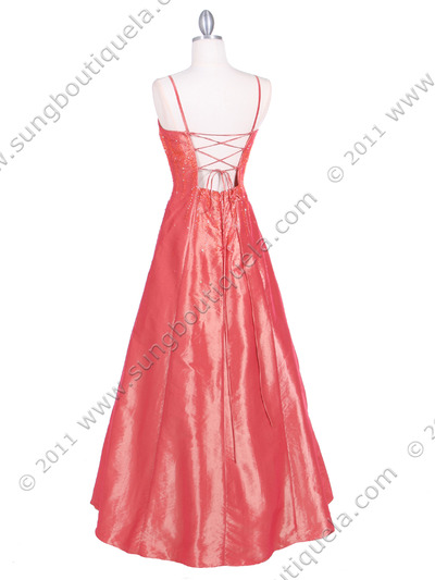 2606 Coral Beaded Evening Gown - Coral, Back View Medium