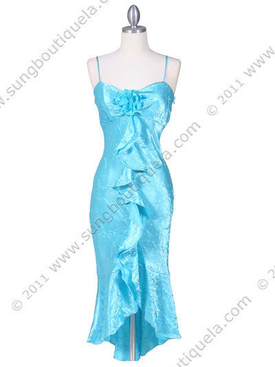 2843 Turquoise Crinkled Charmeuse Cocktail Dress - Turquoise, Front View Medium