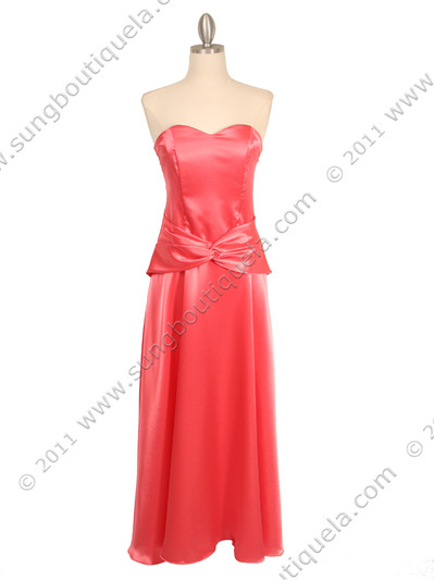 2847 Coral Strapless Satin Evening Gown - Coral, Front View Medium