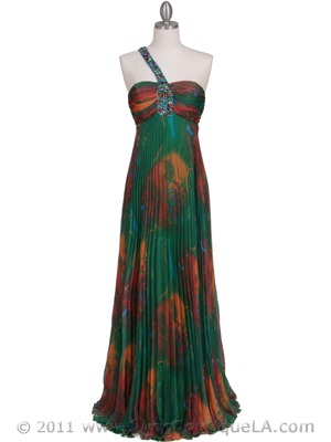 286 Green Printed Single Strap Evening Dress, Green