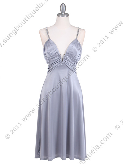 2949 Silver Satin Cocktail Dress - Silver, Front View Medium