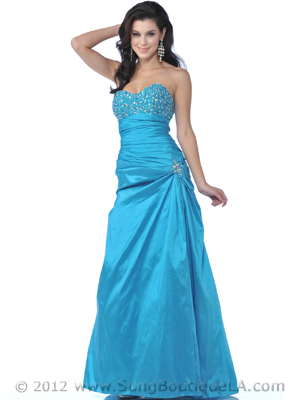 2 Turquoise Strapless Taffeta Jeweled Prom Dress, Turquoise
