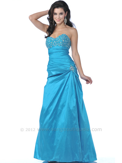 2 Turquoise Strapless Taffeta Jeweled Prom Dress - Turquoise, Front View Medium