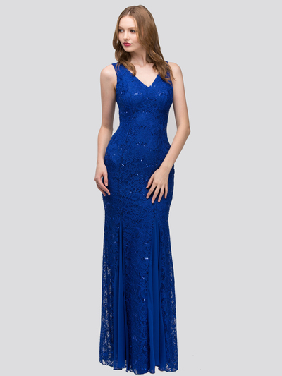 30-2030 Sleeveless Lace Overlay Evening Dress - Royal Blue, Front View Medium