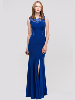 30-2063 Sleeveless Long Evening Dress with Slit, Royal Blue