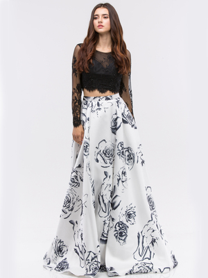 30-4333 Two-Piece Long Sleeves Prom Dress, Off White Black