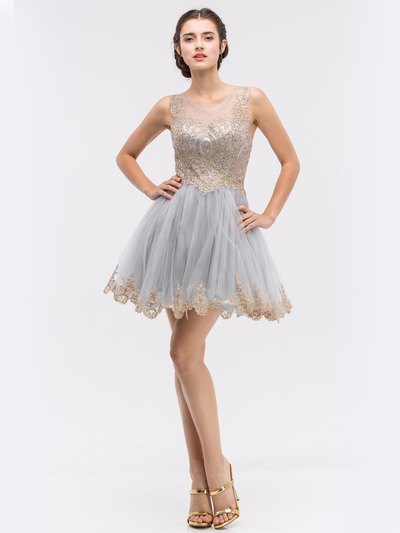 30-6012 Sleeveless Embroidered Fit and Flare Cocktail Dress - Silver, Front View Medium