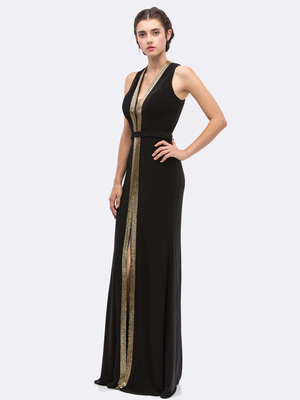30-6030 V-Neck Sleeveless Long Evening Dress with Slit, Black