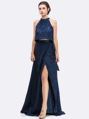 30-6111 Crew Neck Mock Two-piece Evening Dress with Slit, Navy