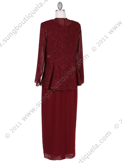 3006 Burgundy Giltter 2 piece Evening Dress - Burgundy, Back View Medium