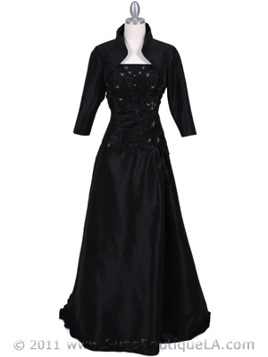 3052 Black Tafetta Evening Dress with Bolero, Black