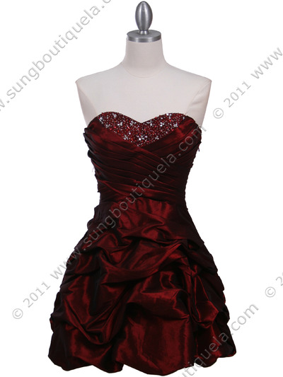 3054 Burgundy Taffeta Cocktail Dress - Burgundy, Front View Medium