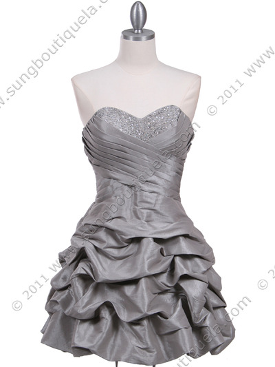 3054 Silver Taffeta Cocktail Dress - Silver, Front View Medium