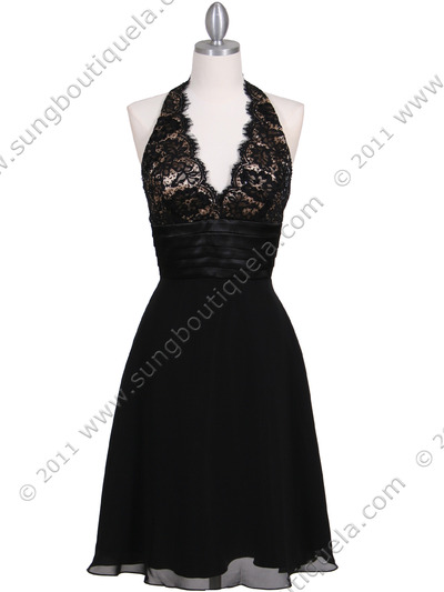 3059 Black Halter Cocktail Dress - Black, Front View Medium