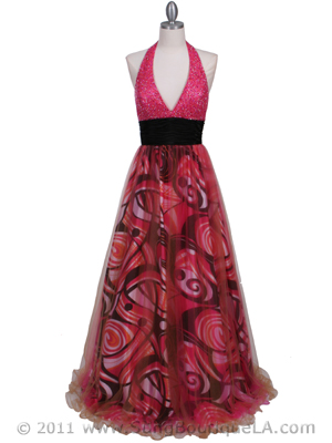 3060 Hot Pink Beaded Print Prom Dress, Hot Pink