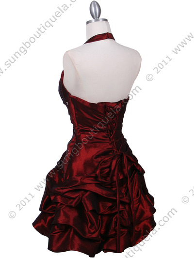 3062 Burgundy Halter Taffeta Cocktail Dress - Burgundy, Back View Medium