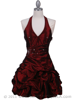 3062 Burgundy Halter Taffeta Cocktail Dress, Burgundy