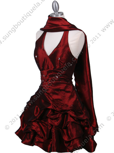 3062 Burgundy Halter Taffeta Cocktail Dress - Burgundy, Alt View Medium