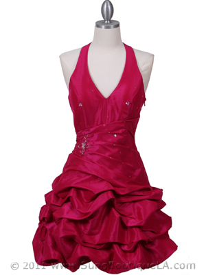3062 Fuschia Halter Taffeta Cocktail Dress, Fuschia