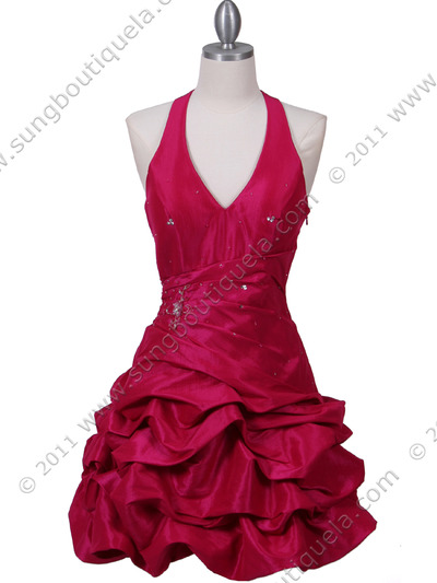 3062 Fuschia Halter Taffeta Cocktail Dress - Fuschia, Front View Medium