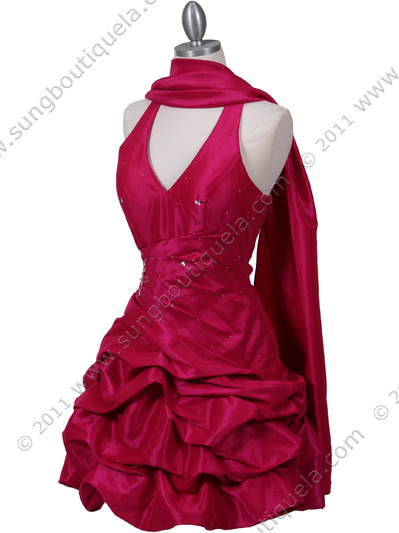 3062 Fuschia Halter Taffeta Cocktail Dress - Fuschia, Alt View Medium