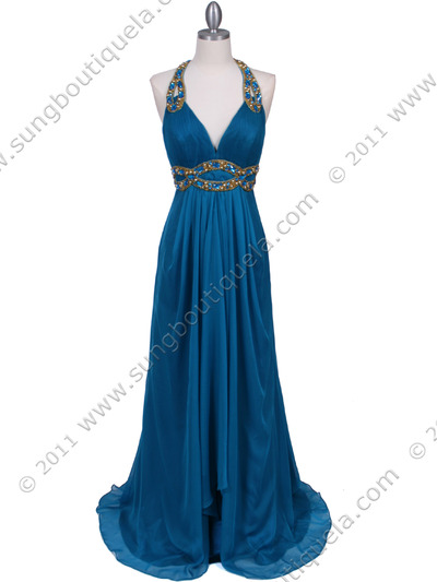 3066 Jade Halter Beaded Chiffon Prom Evening Dress - Jade, Front View Medium